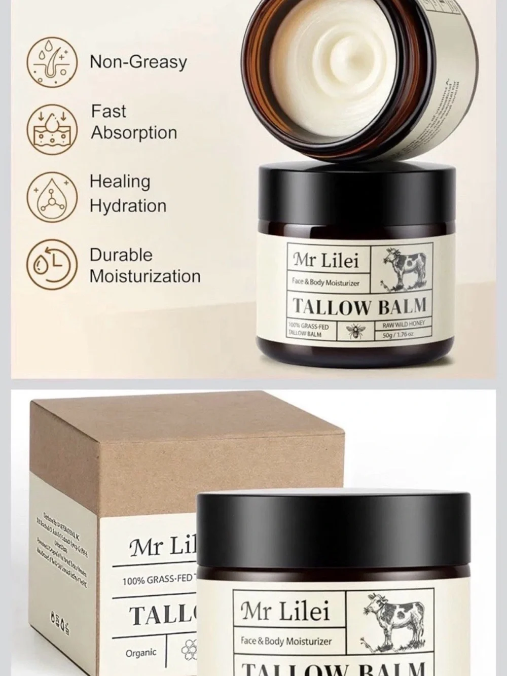 Mr Lilei Grass Fed Tallow Balm 3 Pack Honey Face & Body Moisturizer